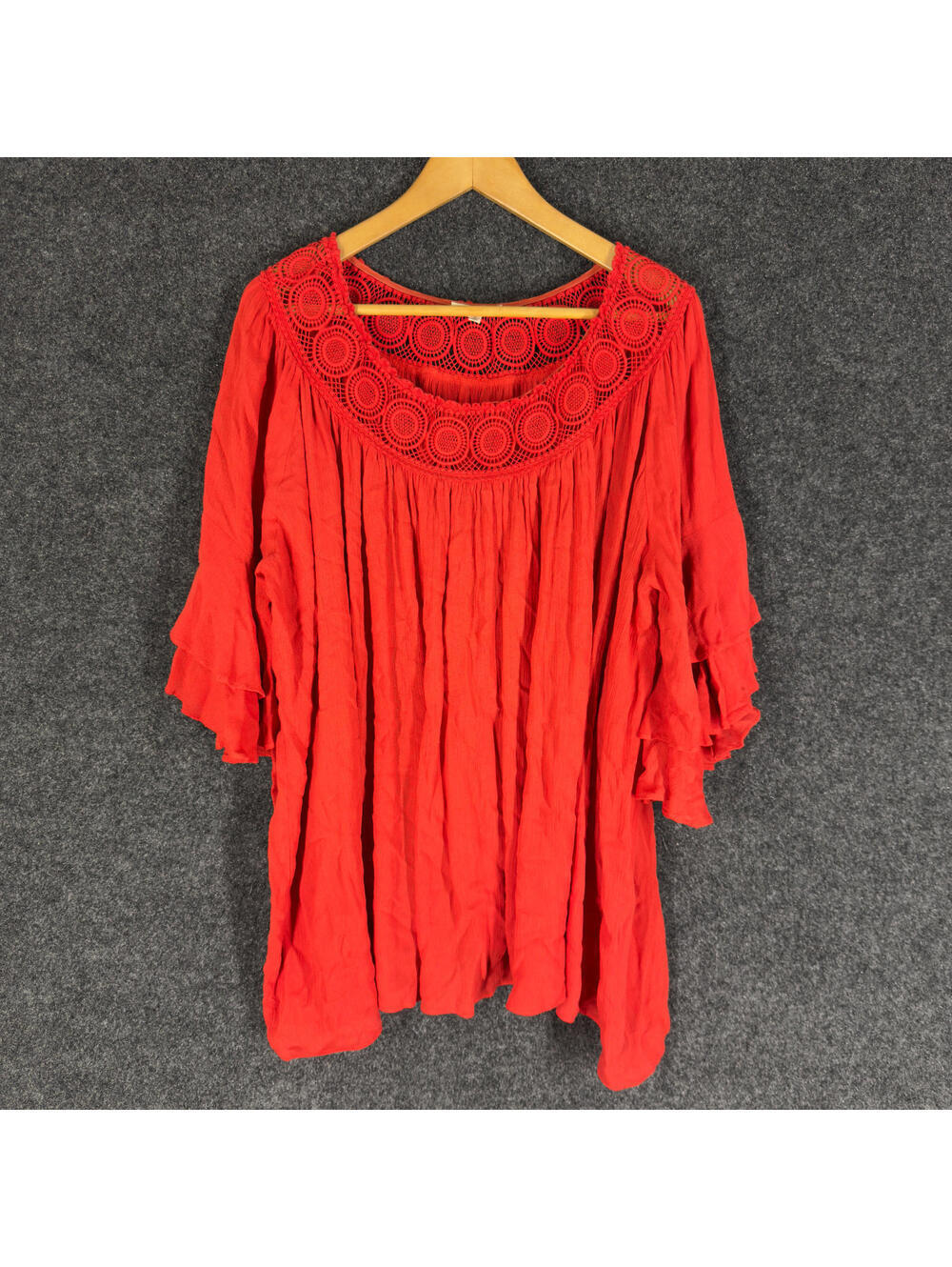 Easel Blouse Women S Small Red 3/4 Sleeve Round Neck Crochet Rayon Pullover